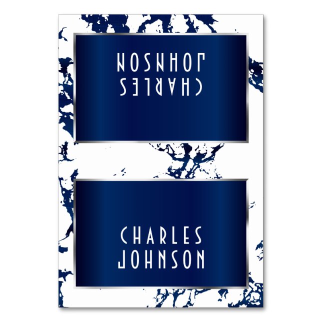 Navy Blue Marble, White and Silver -Place Cards (Front)