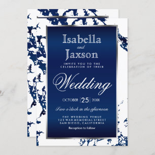 Navy Blue Marble, White & Silver Invitation