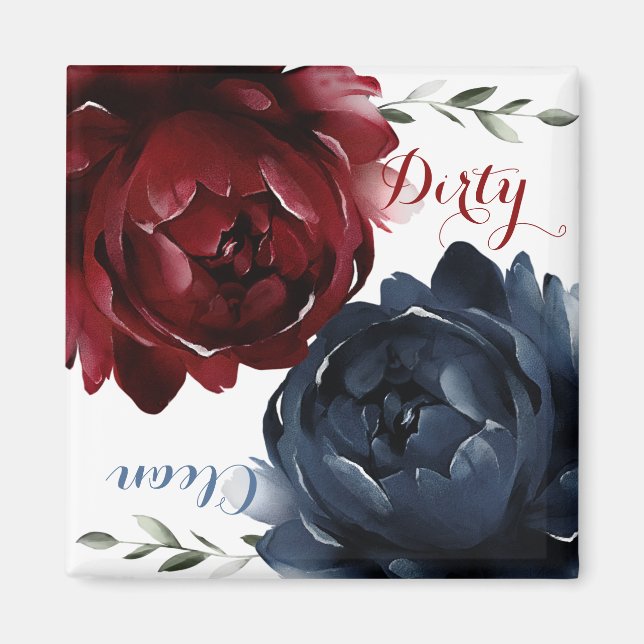 Navy Blue Maroon Red Roses Dishwasher Clean Dirty Magnet (Front)