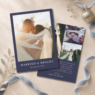 Navy Blue Married & Bright 4 Photo Wedding Holiday Card