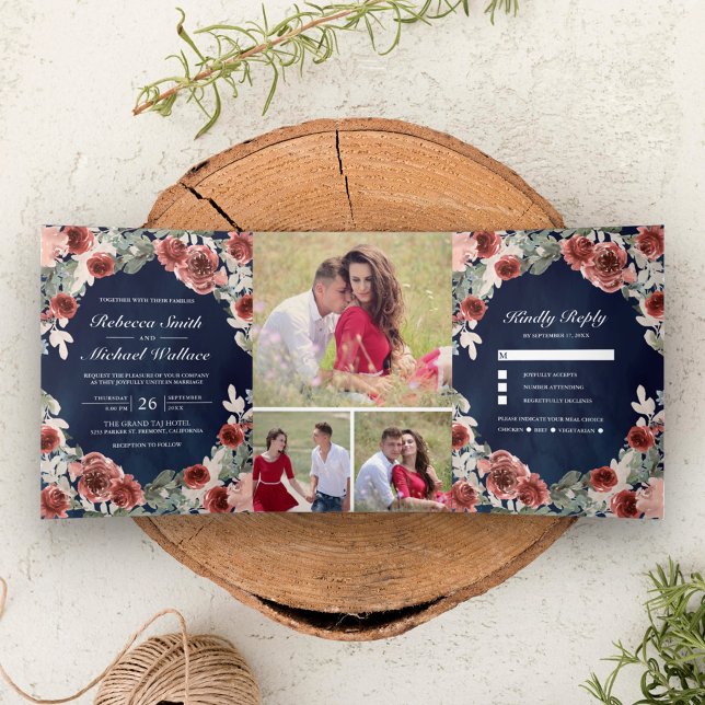 Navy Blue Marsala Floral Photo Collage Wedding Tri-Fold Invitation (Creator Uploaded)