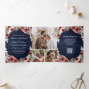 Navy Blue Marsala Floral Photo QR Code Wedding Tri-Fold Invitation