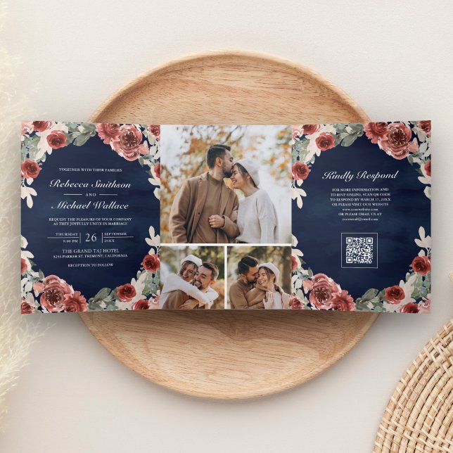 Navy Blue Marsala Floral Photo QR Code Wedding Tri-Fold Invitation (Creator Uploaded)