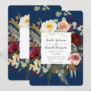 Navy Blue Marsala Pink Rustic Floral Bloom Wedding Invitation