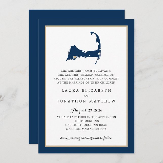Navy Blue Mashpee Cape Cod Map Gold Heart Wedding Invitation (Front/Back)