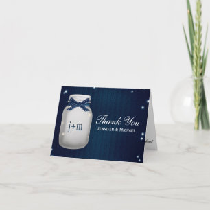 Navy Blue Mason Jar Fireflies Wedding Thank You Card