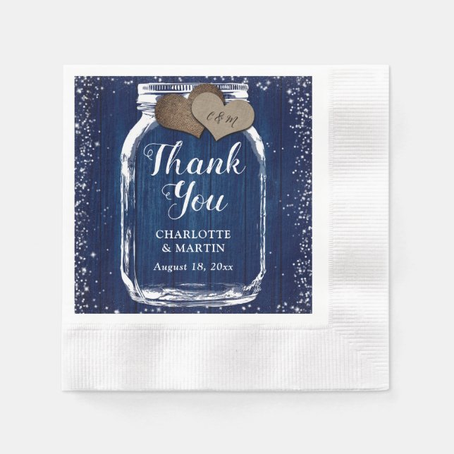Navy Blue Mason Jar Rustic Wood Thank You Wedding Napkin (Front)