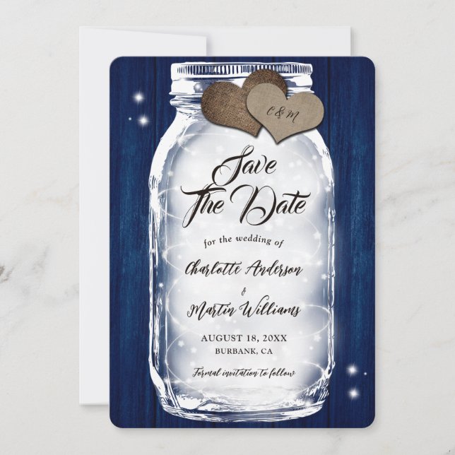 Navy Blue Mason Jar String Lights Wood Wedding Save The Date (Front)