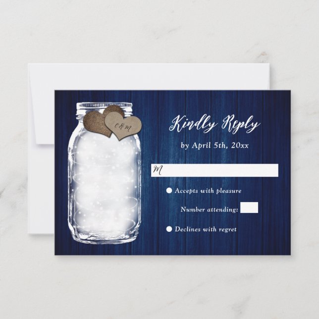 Navy Blue Mason Jar Wood Lights Wedding RSVP Card (Front)