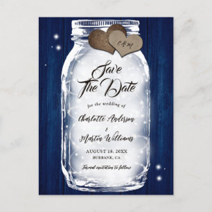 Navy Blue Mason Jar Wood String Lights Wedding Announcement Postcard