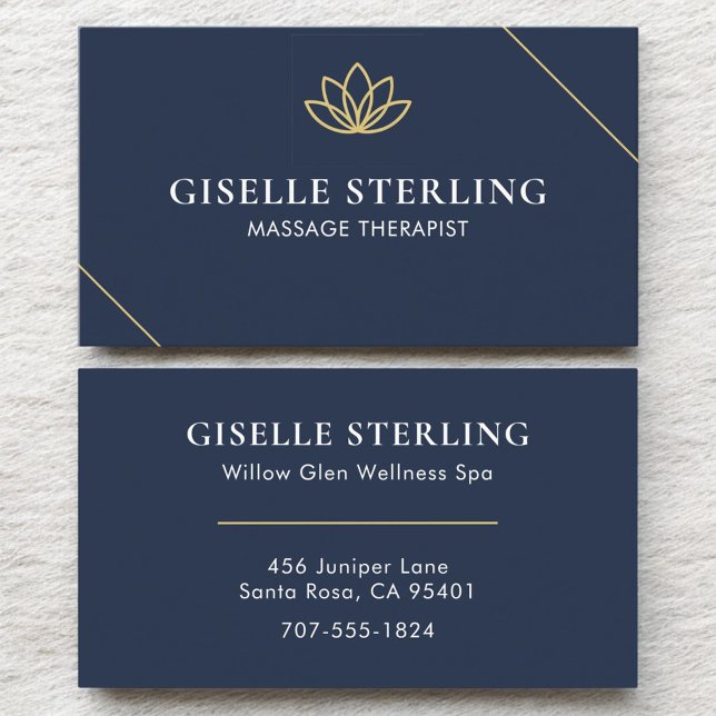 Navy Blue Massage Therapist Minimalist Lotus Business Card (Creator Uploaded)