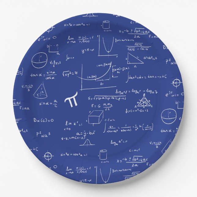 Navy Blue Math Equations Graphics Graduation Paper Plate (Front)