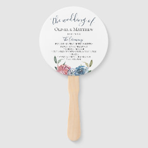 Navy Blue Mauve Botanical Wedding Program Hand Fan