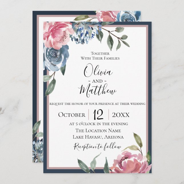 Navy Blue Mauve Botanicals Wedding Invitation (Front/Back)