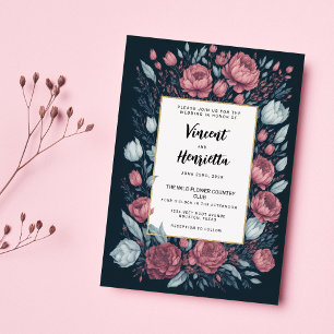 Navy blue mauve pink floral country chic Wedding Invitation