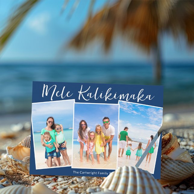 Navy Blue Mele Kalikimaka 3 Beach Photo Christmas Holiday Card (Creator Uploaded)
