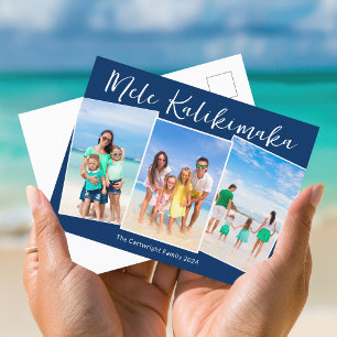Navy Blue Mele Kalikimaka 3 Family Photo Christmas Holiday Postcard