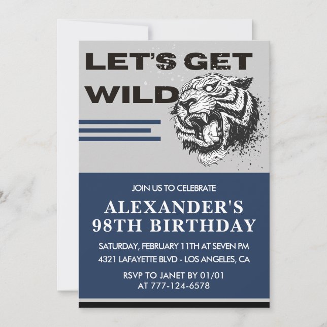 Navy Blue Men 98th birthday invitations Tiger (Front)