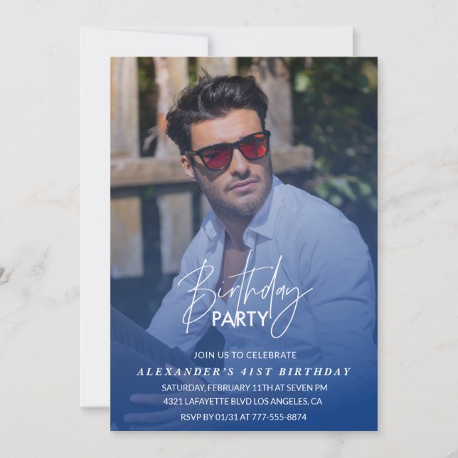  Navy blue Men Photo 41st birthday party Invitation (Front)