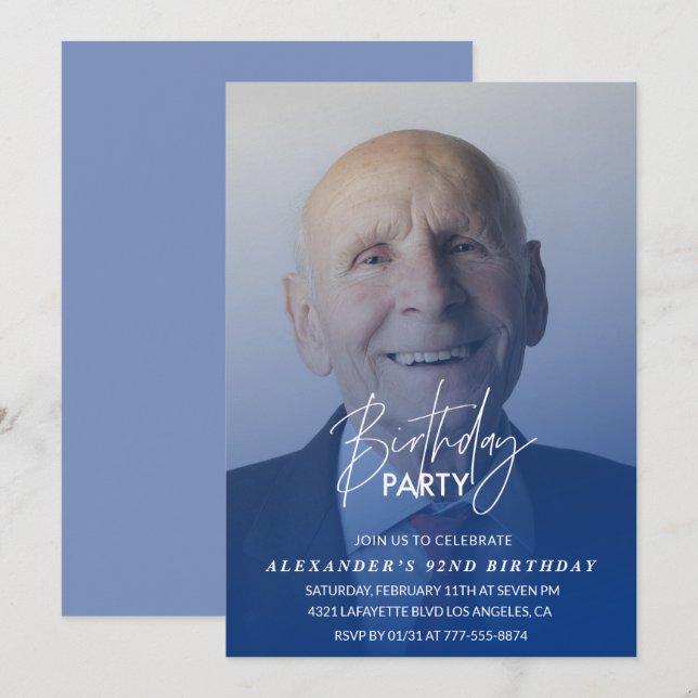 Navy blue Men Photo 92nd birthday party Invitation (Front/Back)