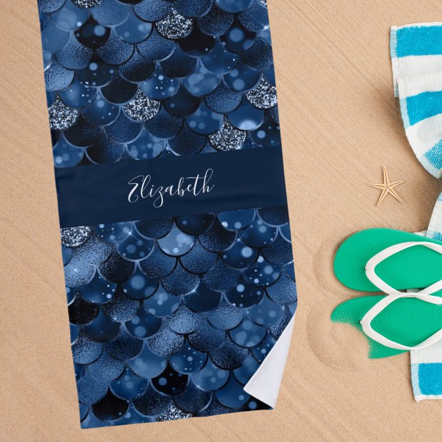 Navy blue mermaid scales name beach towel (Creator Uploaded)