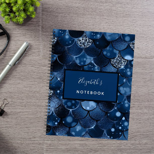 Navy blue mermaid scales name notebook