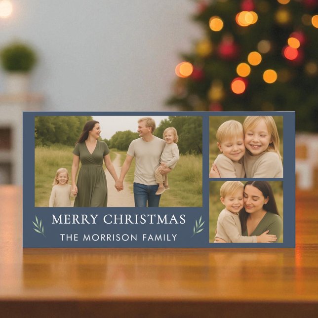 Navy Blue Merry Christmas 3 Photo Botanical  Holiday Card (Creator Uploaded)