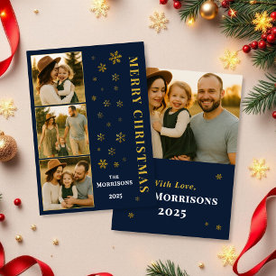 Navy Blue Merry Christmas Family Photo Snowflake Holiday Card