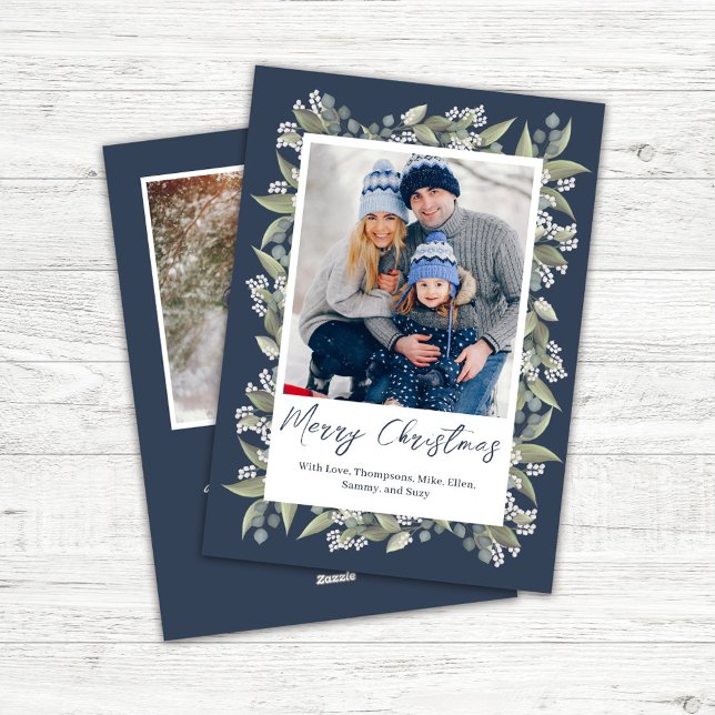 Navy Blue Merry Christmas Floral Photo Holiday Card (Merry Christmas Holiday photo card. )