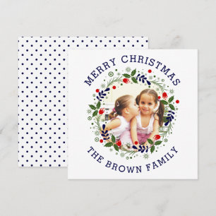 Navy blue Merry Christmas, floral wreath photo Holiday Card