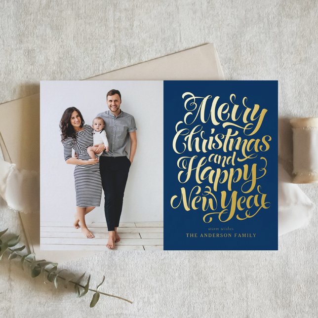 Navy Blue Merry Christmas & Happy New Year Photo Foil Holiday Card (Creator Uploaded)