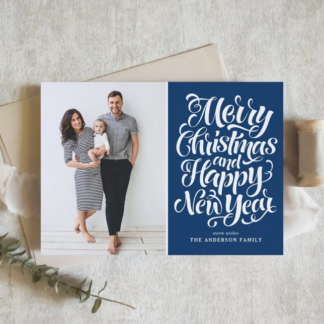Navy Blue Merry Christmas & Happy New Year Photo Holiday Card (Creator Uploaded)