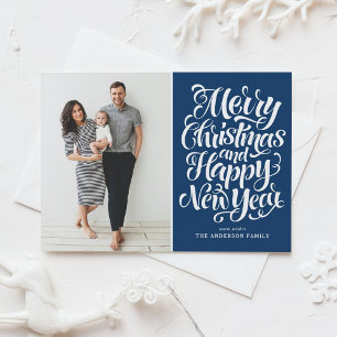 Navy Blue Merry Christmas & Happy New Year Photo Holiday Card