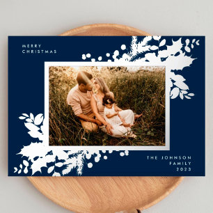 Navy Blue Merry Christmas Holly Photo Silver