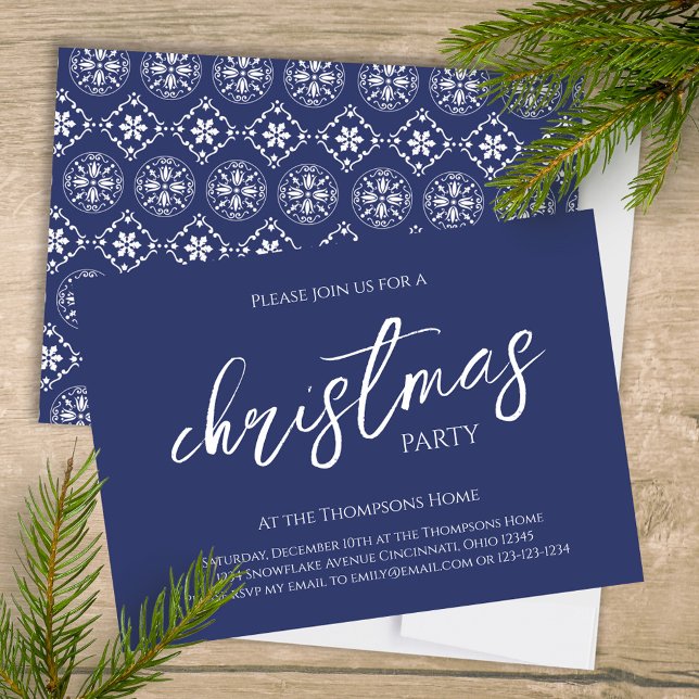 Navy Blue Merry Christmas Party Custom Invitation (Christmas holiday party navy blue snowflake pattern and stylish calligraphy invitation. )