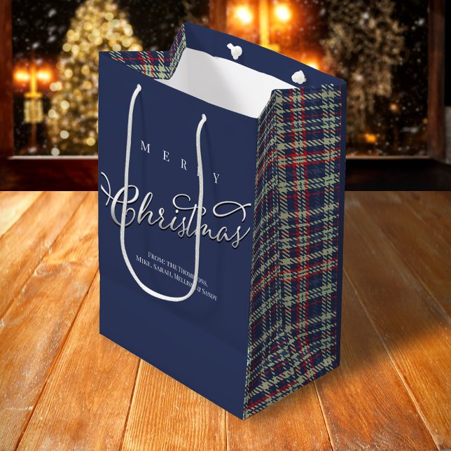 Navy Blue Merry Christmas Plaid Pattern Medium Gift Bag (Merry Christmas holiday plaid pattern gift bag.)