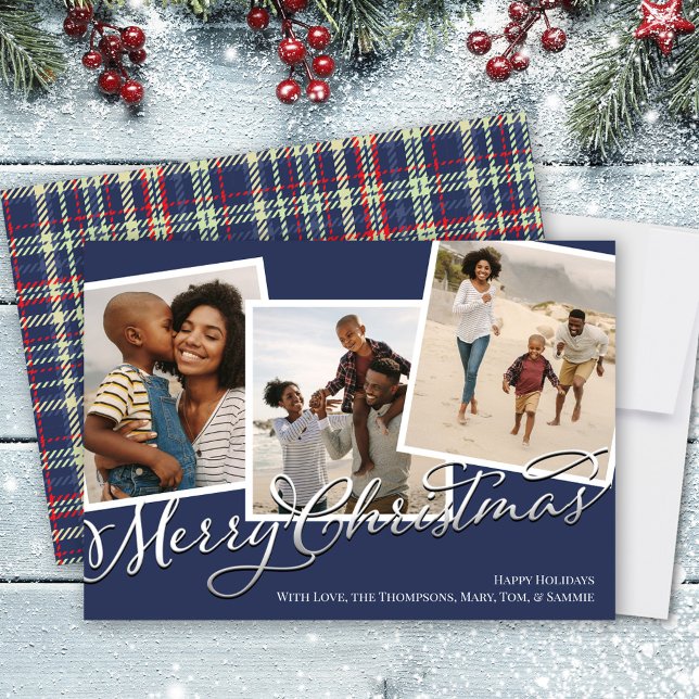 Navy Blue Merry Christmas Plaid Photo Collage Holiday Card (Merry Christmas Navy Blue Plaid Multi Photo Holiday Card)