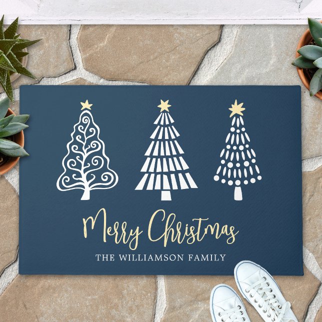 Navy Blue Merry Christmas Script Trees Bold Custom Doormat (Creator Uploaded)