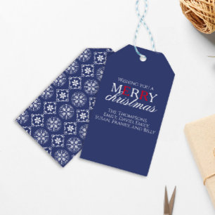 Navy Blue Merry Christmas Simple Snowflake Gift Tags