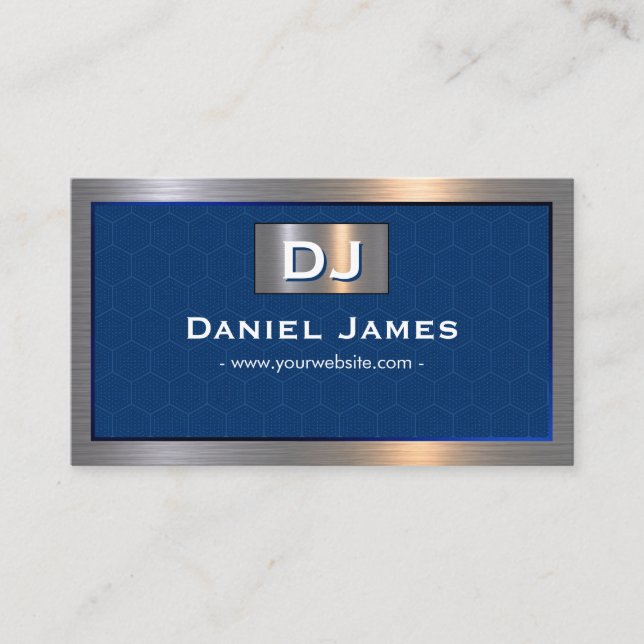Navy Blue Metal Frame Monogram Modern Business Card (Front)