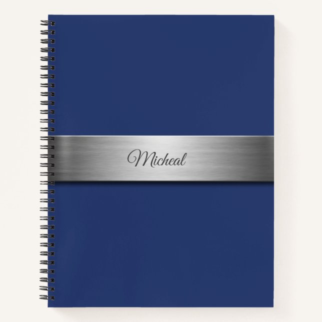 Navy Blue Metallic Accent Monogram Notebook (Front)