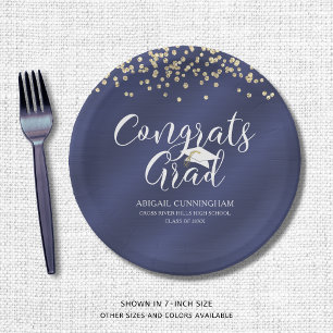 Navy Blue Metallic CONGRATS GRAD Confetti Paper Plate