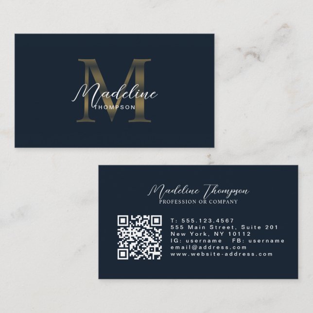 Navy Blue Metallic Gold Monogram Script QR Code Business Card (Front/Back)