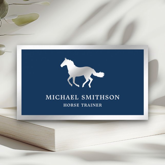 Navy Blue Metallic Steel Horse Riding Instructor Business Card (Creator Uploaded)