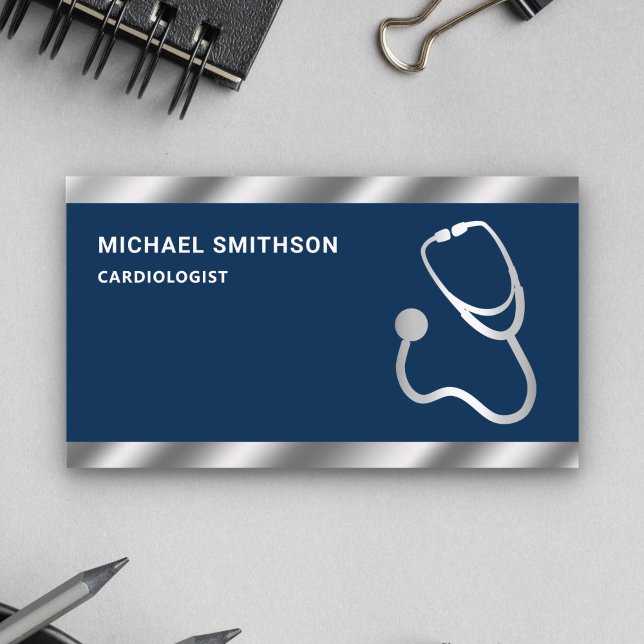 Navy Blue Metallic Steel Stethoscope Doctor Business Card (Creator Uploaded)