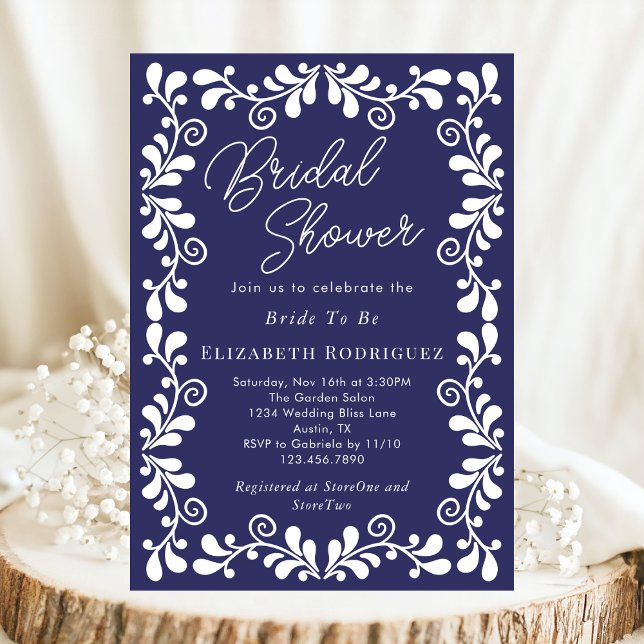 Navy Blue Mexican Fiesta Talavera Bridal Shower Invitation (Creator Uploaded)