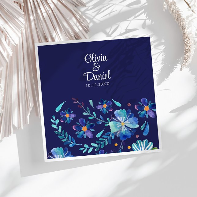 Navy Blue Mexican Floral Fieasta Wedding  Napkin (Navy Blue Mexican Floral Fieasta Wedding Paper Dinner Napkins on a sunny white table.)