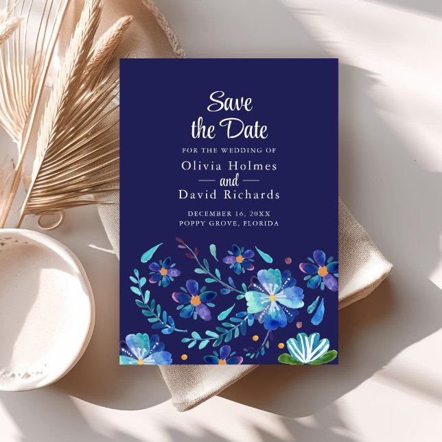 Navy Blue Mexican Floral Fiesta Save the Date Card (Navy Blue Mexican Floral Fiesta Save the Date Card on a boho table.)