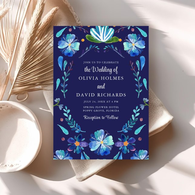 Navy Blue Mexican Floral Fiesta Wedding Invitation (Navy Blue Mexican Floral Fiesta Wedding Invitation on a boho table.)
