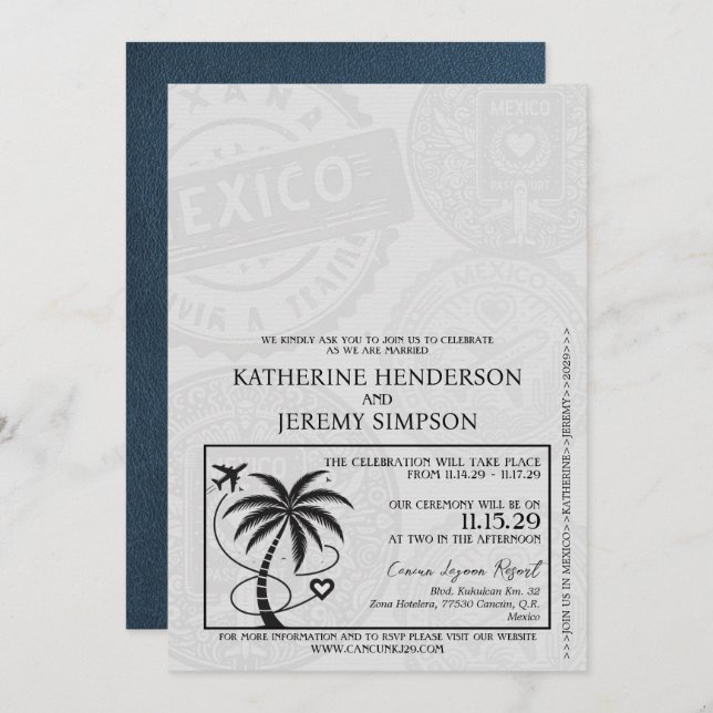 Navy Blue Mexico Passport Wedding Invitation (Front/Back)